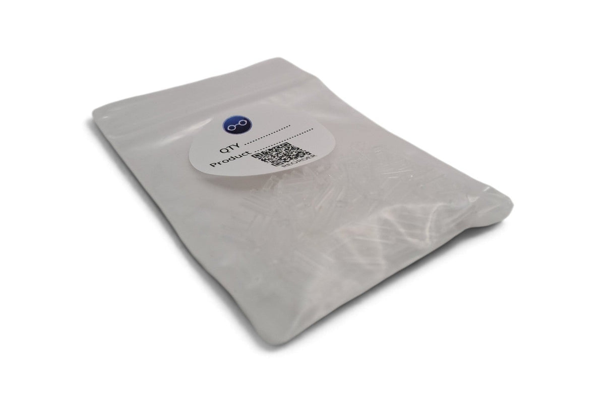 A white resealable plastic pouch with a round white label featuring a blue circular logo and a QR code, photographed on a clean white background.