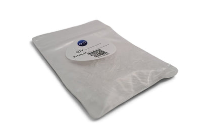 A white resealable plastic pouch with a round white label featuring a blue circular logo and a QR code, photographed on a clean white background.