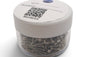 A small clear plastic jar filled with many small metallic screws with a white screw-on lid. The lid has printed text and a QR code, including the words 'QTY', 'Product', and 'REORDER'.