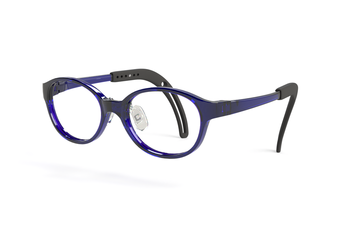 round eyeglasses with a translucent dark blue acetate frame and matte black temples, shown floating against a solid white background.