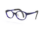 round eyeglasses with a translucent dark blue acetate frame and matte black temples, shown floating against a solid white background.