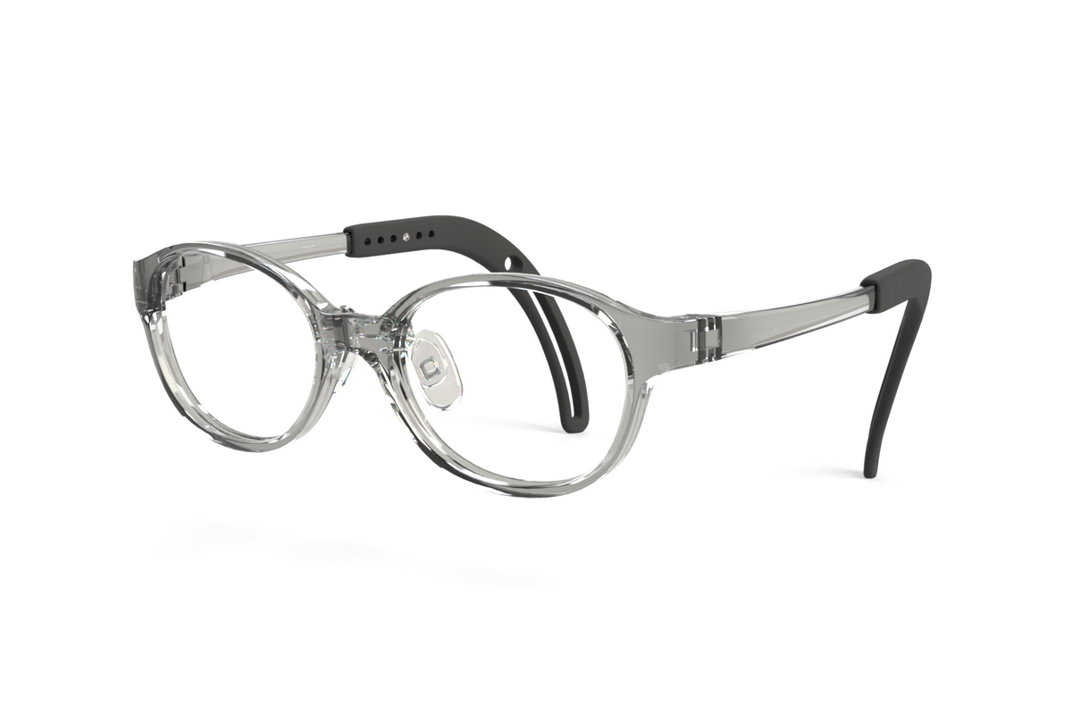 A pair of modern round eyeglasses with a translucent smoky gray frame and black temple tips, shown on a clean white background.