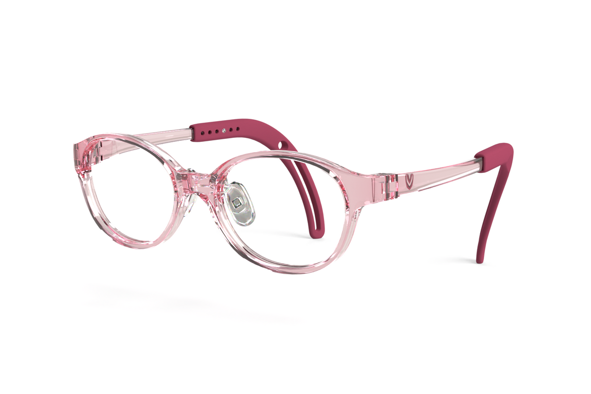 Pink translucent round eyeglass frames with dark pink temple tips, shown on a clean white background.