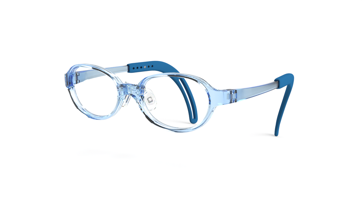 Light blue and dark blue kids' eyeglasses with a clear plastic frame and round lenses, shown on a white background.