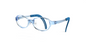 Light blue and dark blue kids' eyeglasses with a clear plastic frame and round lenses, shown on a white background.