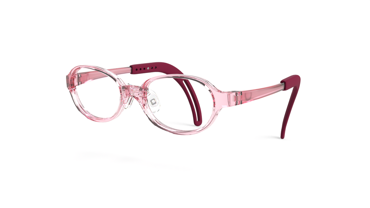 oval eyeglasses with translucent pink frames and dark burgundy temples, shown on a clean white background.