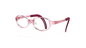 oval eyeglasses with translucent pink frames and dark burgundy temples, shown on a clean white background.