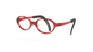 Oval eyeglasses with translucent red frames and black temples, shown at a three-quarter angle on a white background.