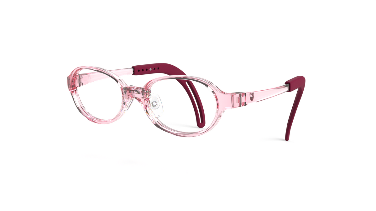 Oval eyeglasses with translucent pink frames and dark burgundy temples, shown on a plain white background.