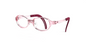 Oval eyeglasses with translucent pink frames and dark burgundy temples, shown on a plain white background.